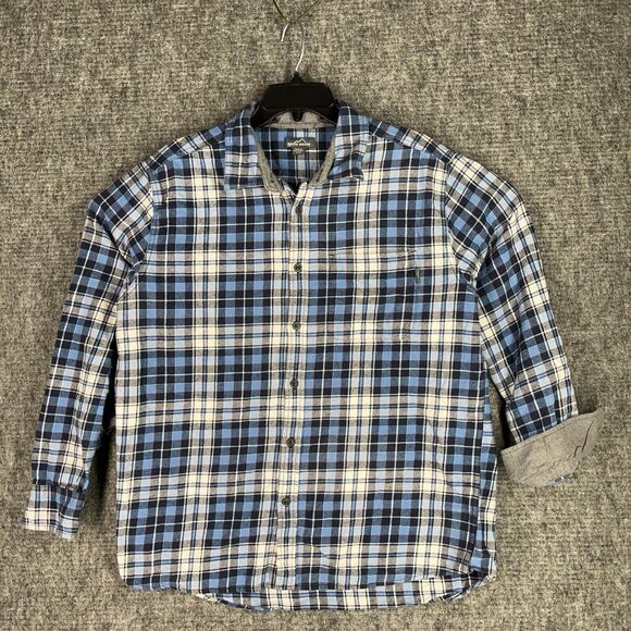 Eddie Bauer Shirt Mens XL Blue Plaid Flannel Button-Up Hiking Outdoor Chore Barn - Picture 1 of 12
